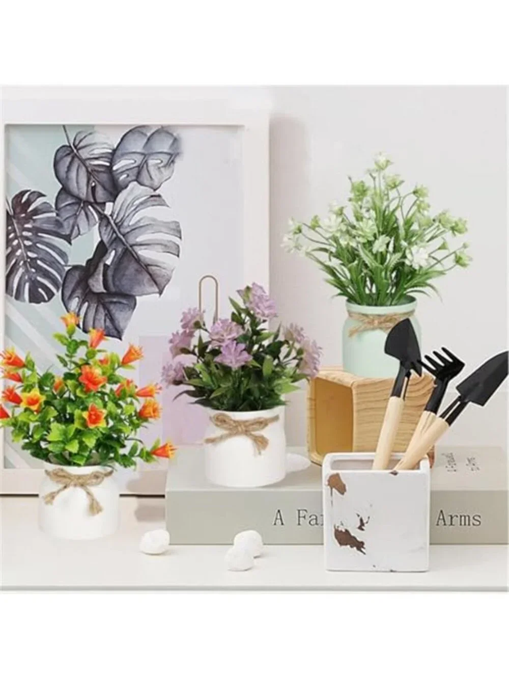 Artificial Potted Flowers Faux Plants Mini Home Office Shelf Decor 6 Piece Set